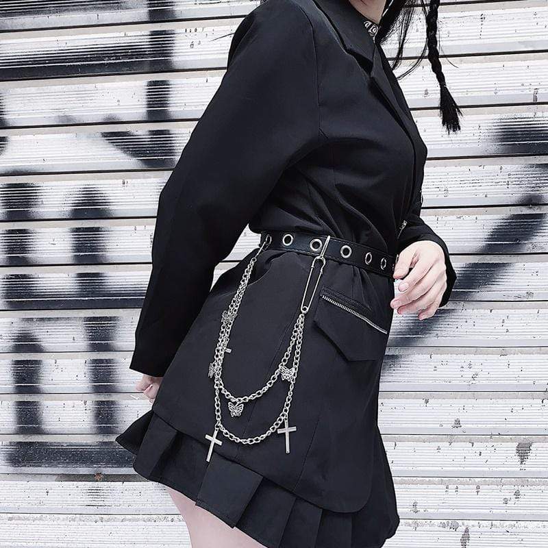 Women's Gothic Solid Color Cross Zipper Jackets With Chain Belt