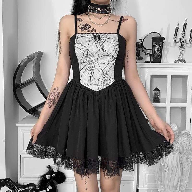 Kobine Women's Gothic Spider Web Splice Slip Dress