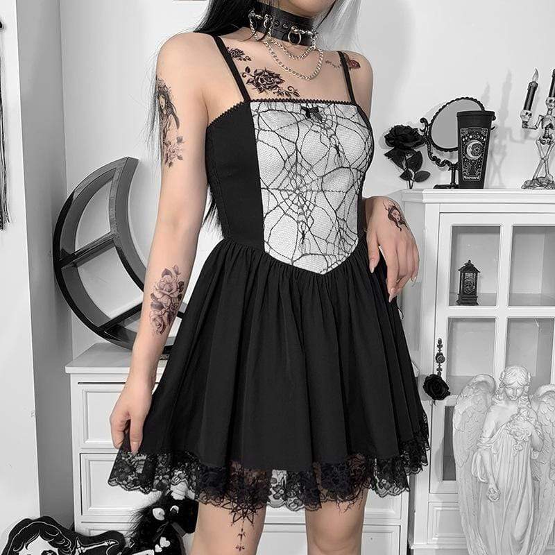 Kobine Women's Gothic Spider Web Splice Slip Dress