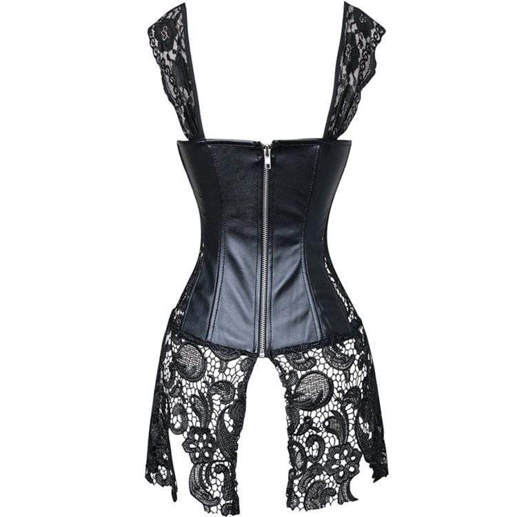 Women's Gothic Strappy Faux Leather Splicing Floral Mesh Overbust Corsets