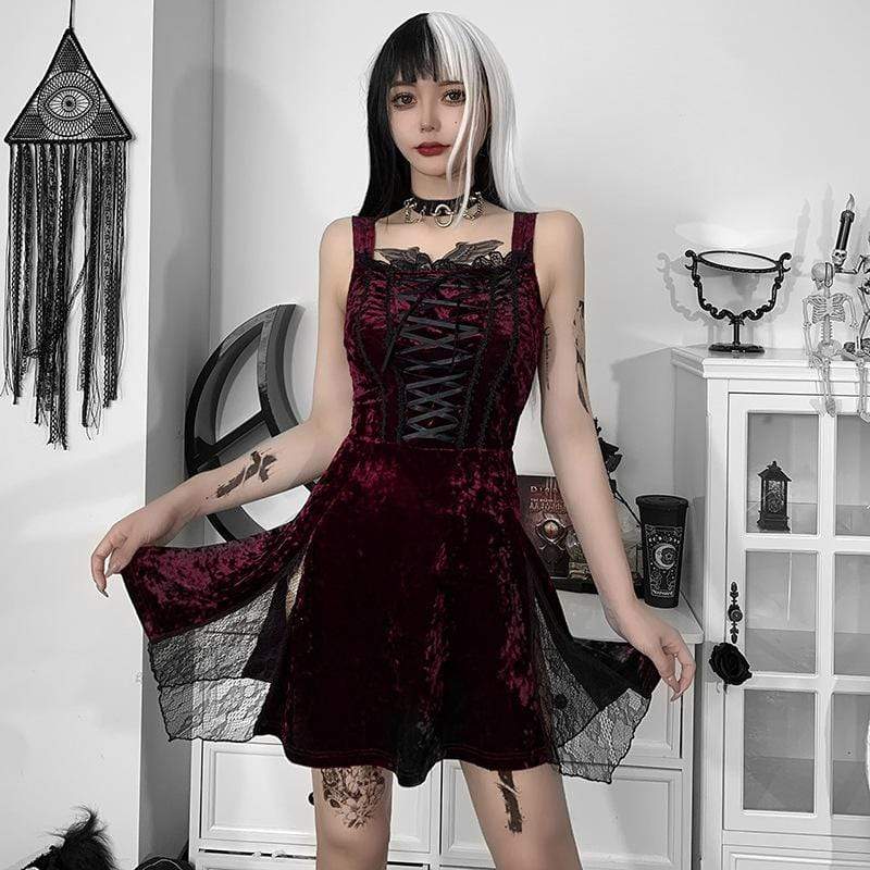Kobine Women's Gothic Strappy Lace Splice Slip Dress