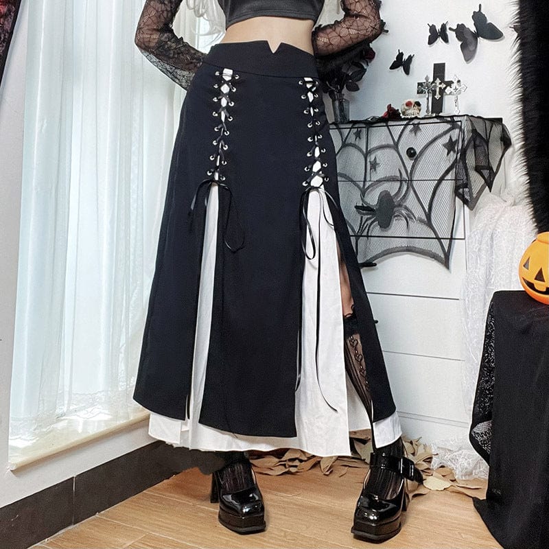 Kobine Women's Gothic Strappy Split Layered Skirt