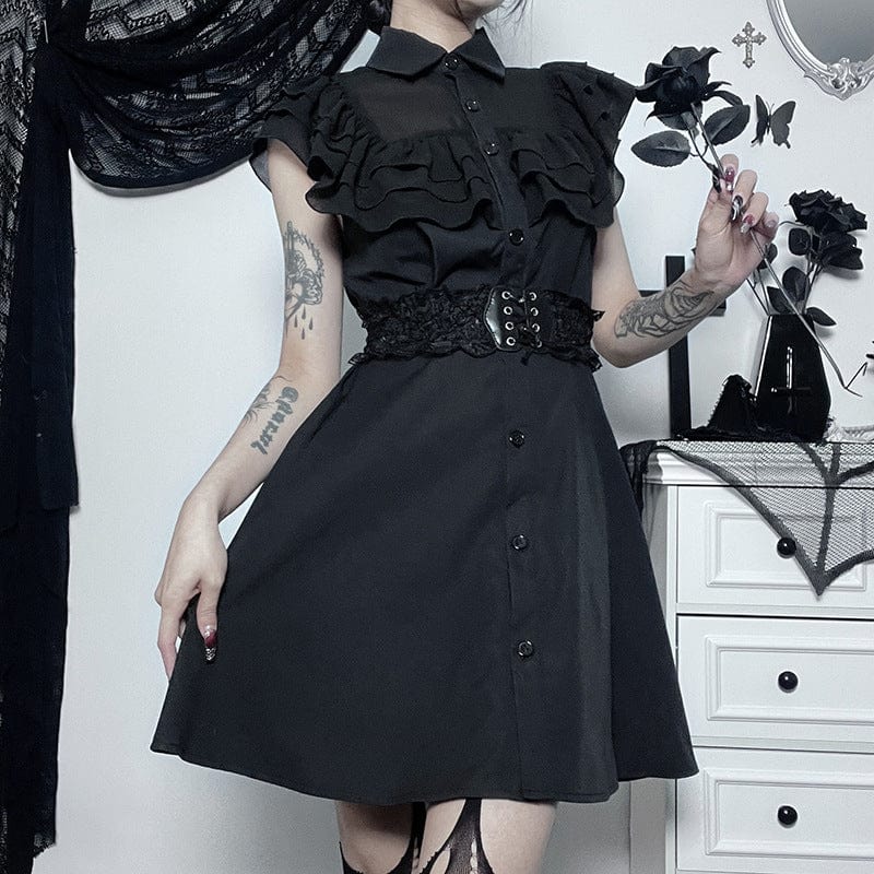 Kobine Damen Gothic-Kleid mit Umlegekragen und Rüschen
