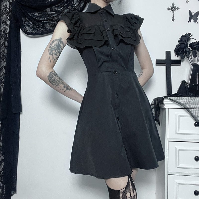 Kobine Women's Gothic Turn-down Collar Ruffled Dress