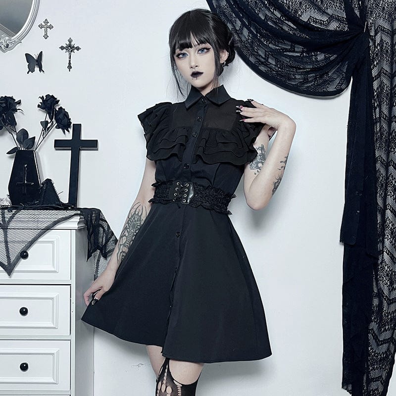 Kobine Women's Gothic Turn-down Collar Ruffled Dress