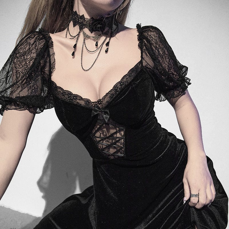 Kobine Women's Gothic V-neck Puff Sleeved Velet Dress