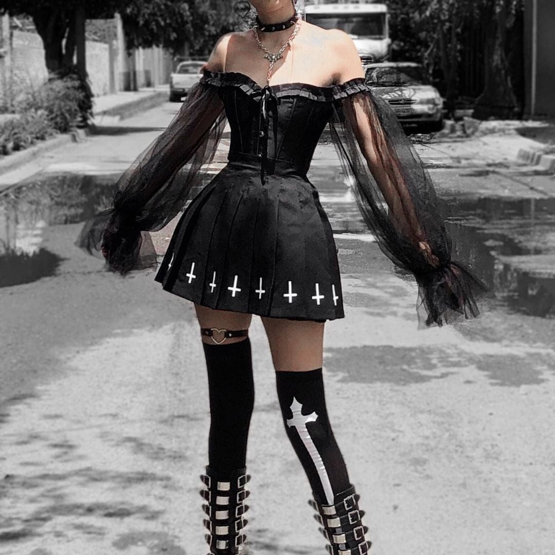 Women's Gothic Vintage Mesh Sleeved Overbust Corset – Punk Design