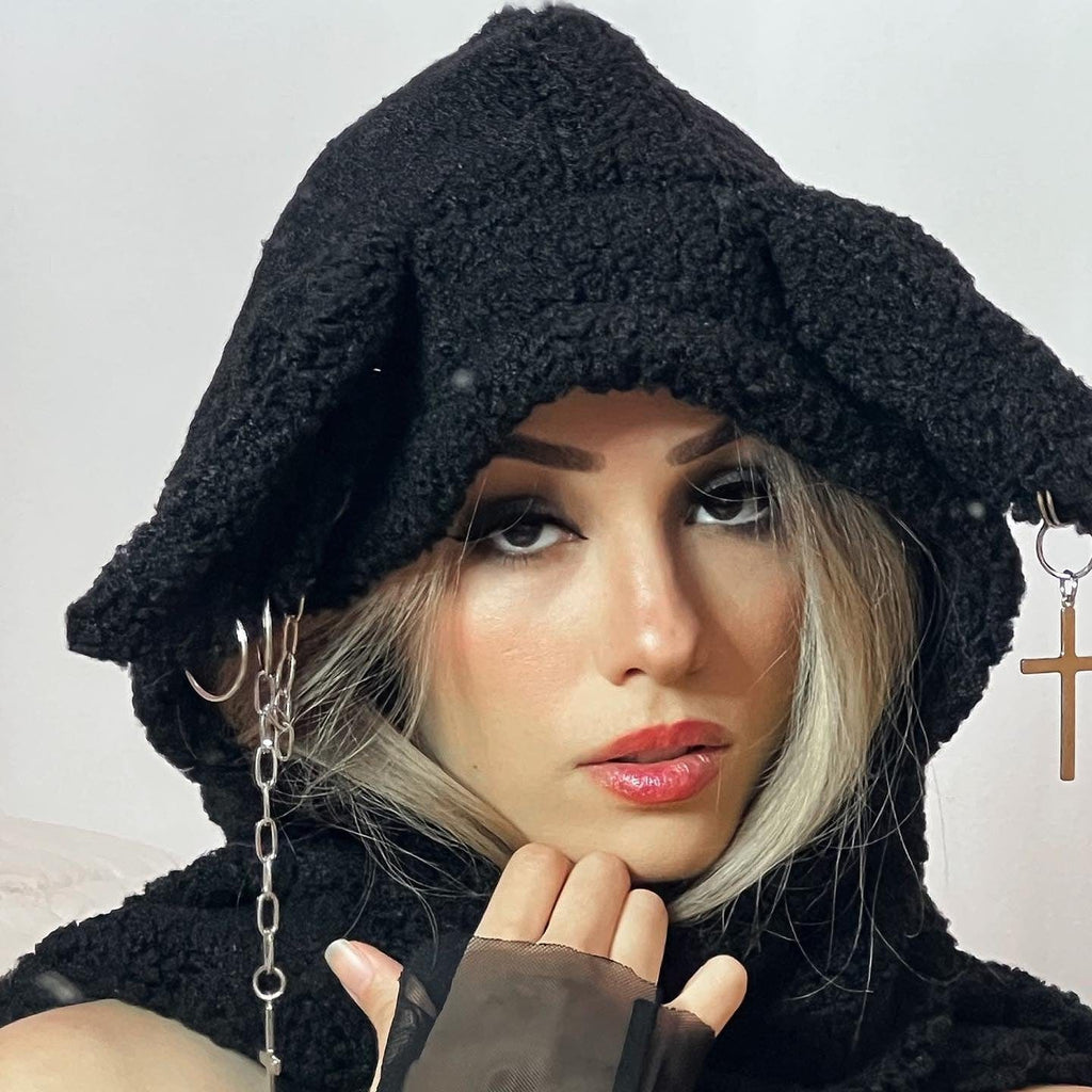 Kobine Women's Gothic Wool-like Devil Horns Cross Hats With Scarfs