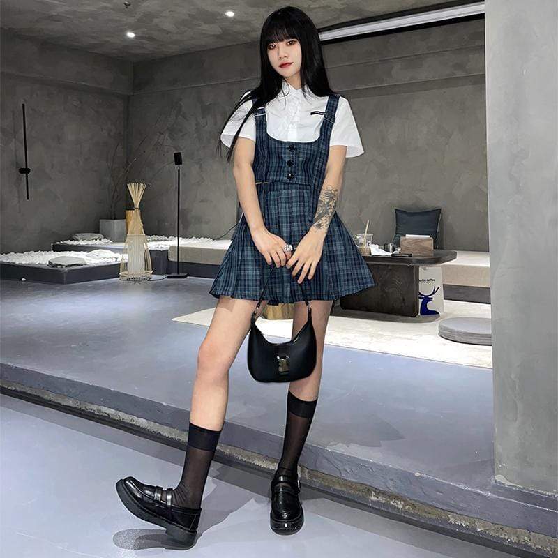 Women's Grunge Blue Plaid Single-breasted Vest&Pleated Skirts