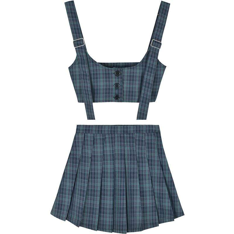 Women's Grunge Blue Plaid Single-breasted Vest&Pleated Skirts