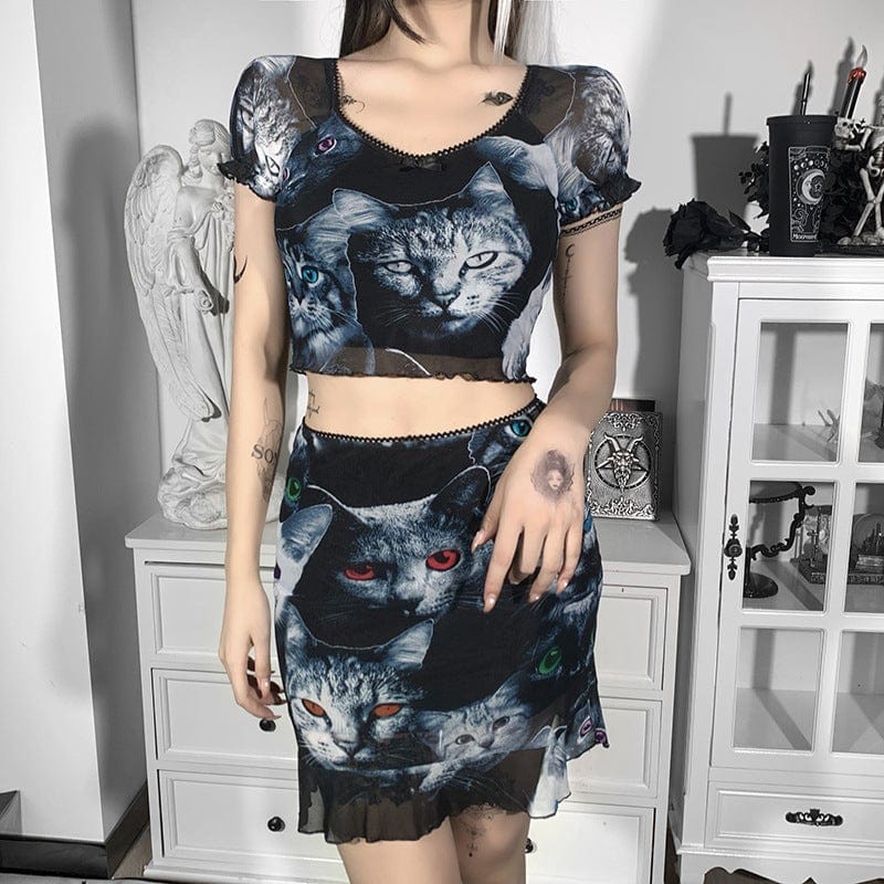 Kobine Women's Grunge Cat Printed Falbala Mesh Skirt