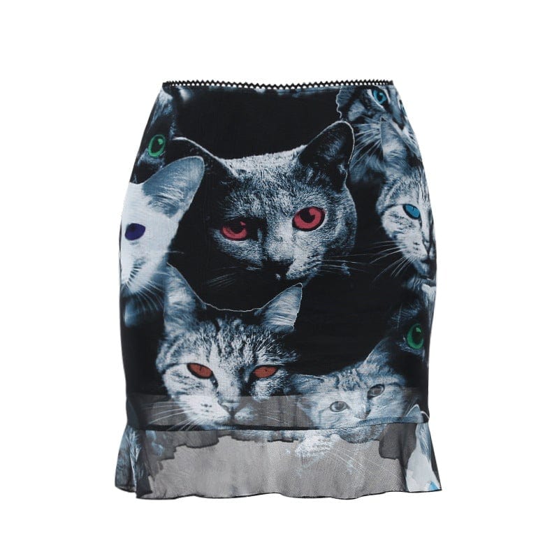 Kobine Women's Grunge Cat Printed Falbala Mesh Skirt