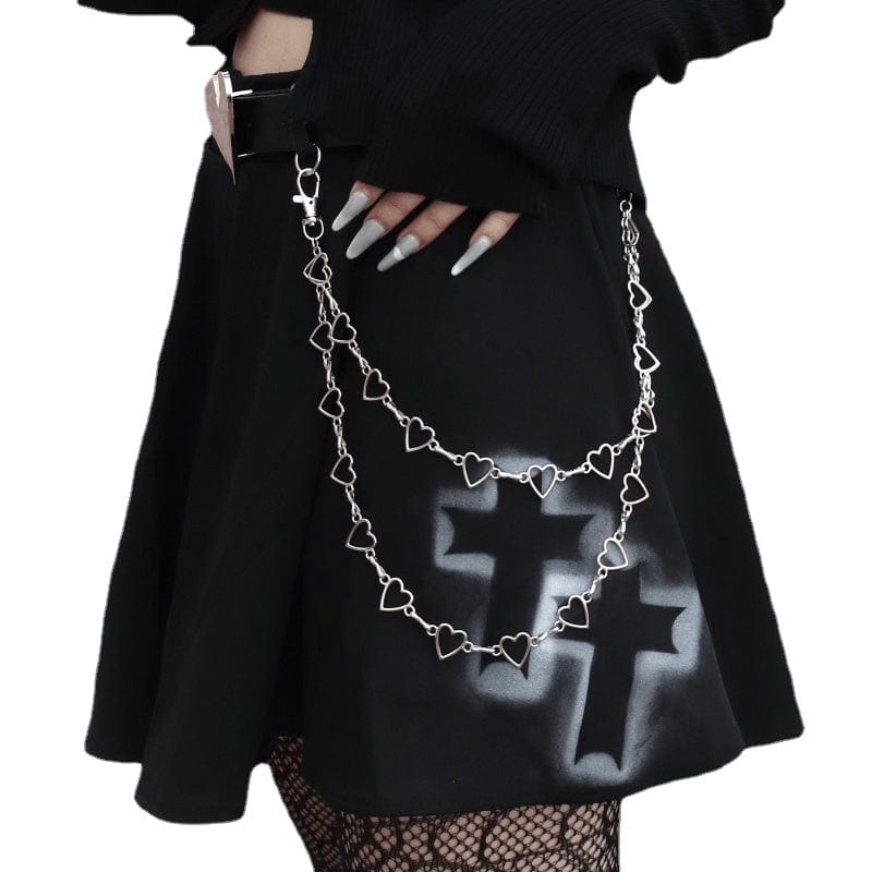 Kobine Women's Grunge Cross Printed Black Pleated Skirts with Belt