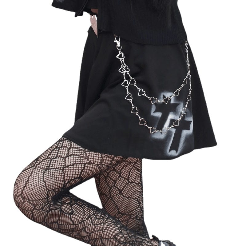 Kobine Women's Grunge Cross Printed Black Pleated Skirts with Belt