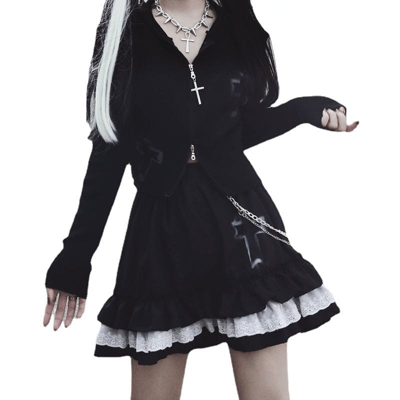 Kobine Women's Grunge Cross Printed Layered Black Skirts with Chain
