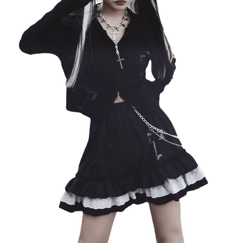 Kobine Women's Grunge Cross Printed Layered Black Skirts with Chain