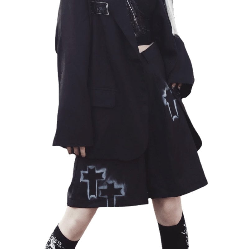 Kobine Women's Grunge Cross Printed Loose Black Shorts