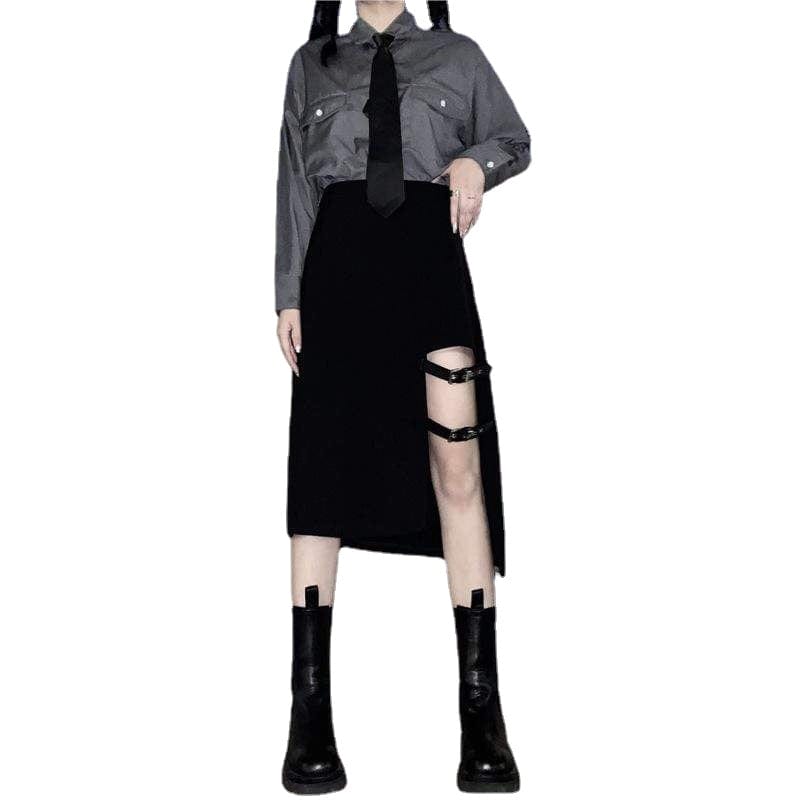 Kobine Women's Grunge Cutout Irregular Black Maxi Skirts