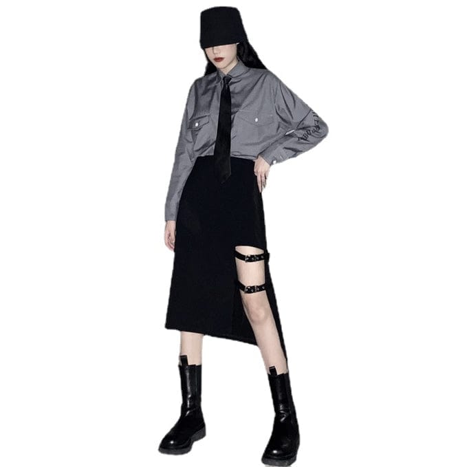 Kobine Women's Grunge Cutout Irregular Black Maxi Skirts