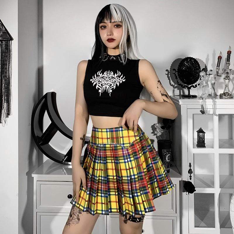 Kobine Women's Grunge Double Color Plaid Pleated Skirt