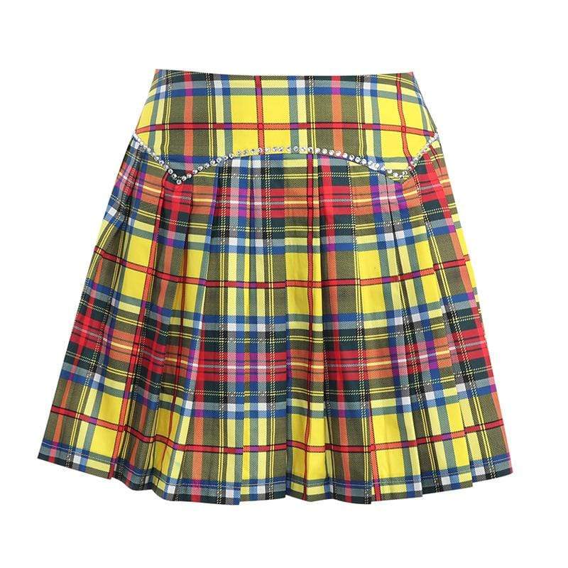 Kobine Women's Grunge Double Color Plaid Pleated Skirt
