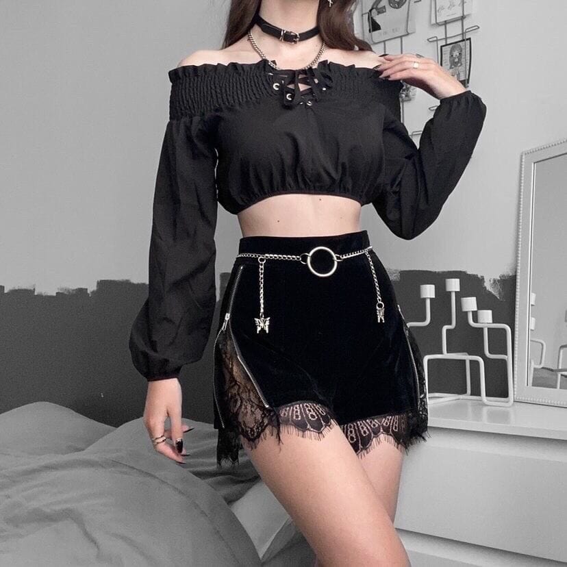 Pantalones cortos de terciopelo negro con encaje y cintura alta grunge para mujer de Kobine