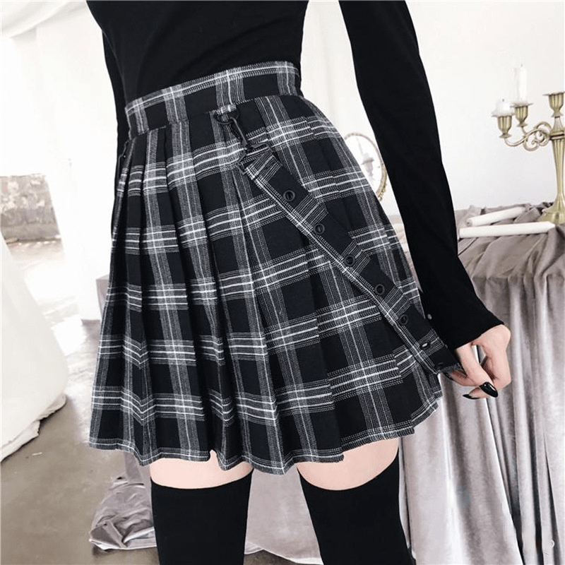Women's Grunge High-waisted Plaid Skirts with Straps