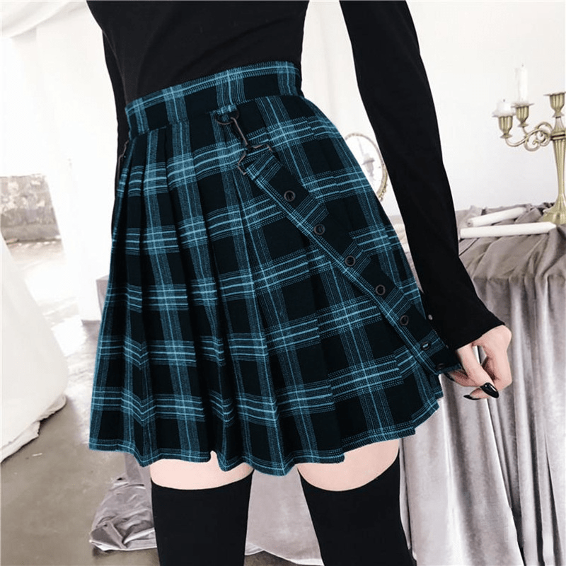 Women's Grunge High-waisted Plaid Skirts with Straps
