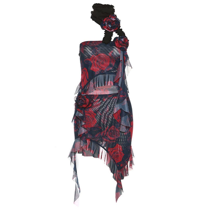 Kobine Women's Grunge Irregular Rose Ruffled Dress with Neckwear