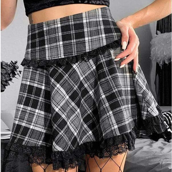 Kobine Women's Grunge Lace Hem Plaid Skirt