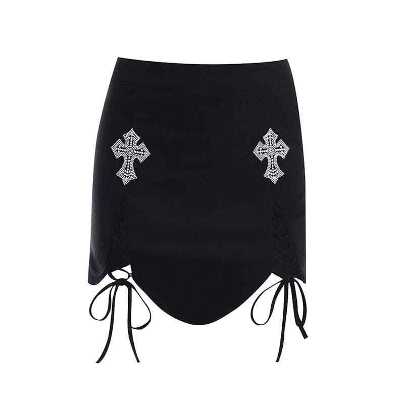 Kobine Women's Grunge Lacing-up Cross Printed Wrapped Skirt