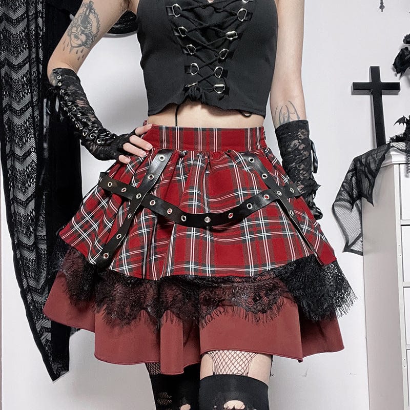 Kobine Women's Grunge Layered Plaid Skirt