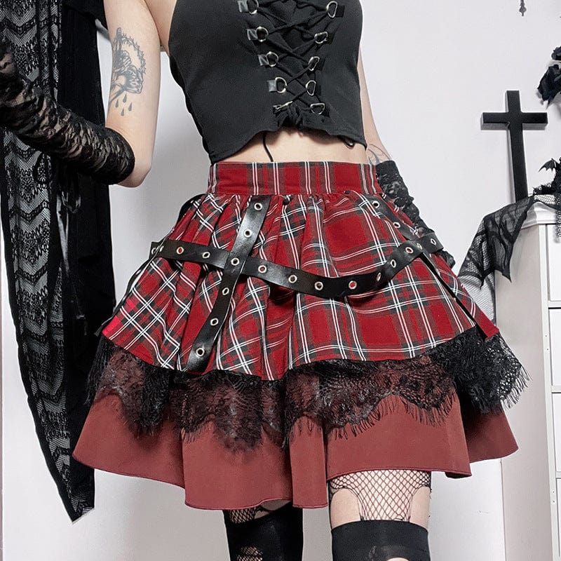 Kobine Women's Grunge Layered Plaid Skirt