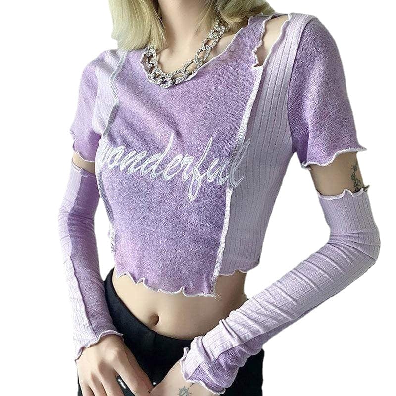 Kobine Women's Grunge Letter Embroidered Irregular T-shirt