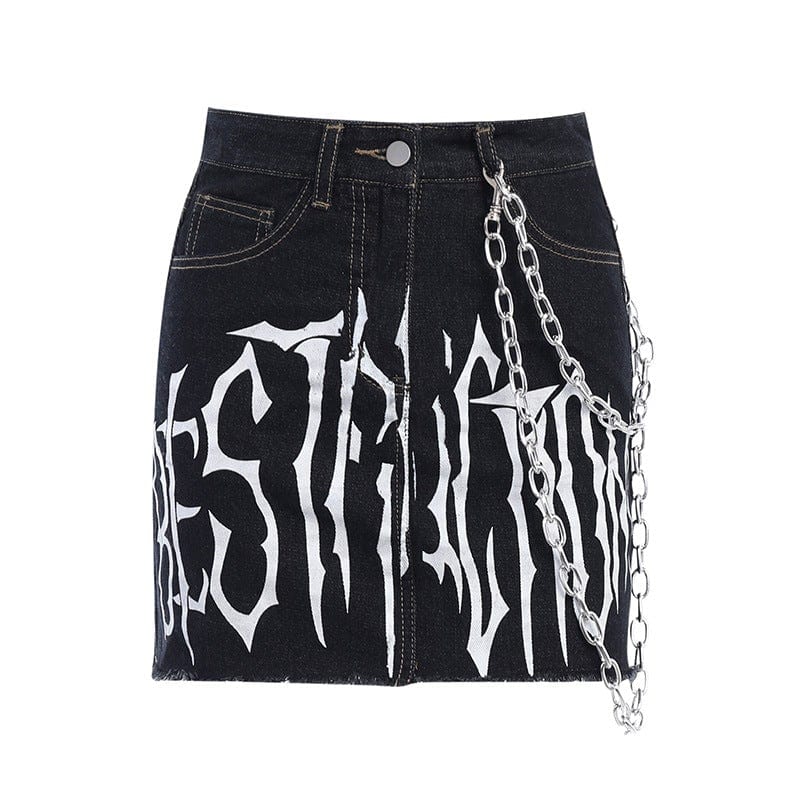 Kobine Women's Grunge Letter Printed Denim Pants with Chain