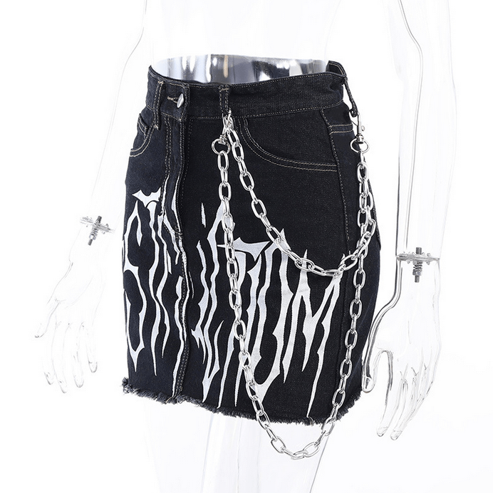 Kobine Women's Grunge Letter Printed Denim Pants with Chain