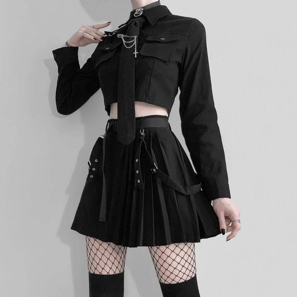 Women's Grunge Long Sleeved Black Suit Dress with Belt