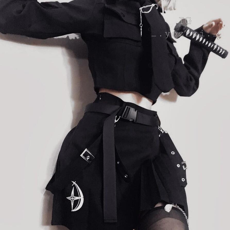 Kobine Women's Grunge Long Sleeved Black Suit Dress with Belt