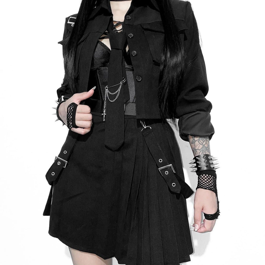 Kobine Women's Grunge Long Sleeved Black Suit with Belt
