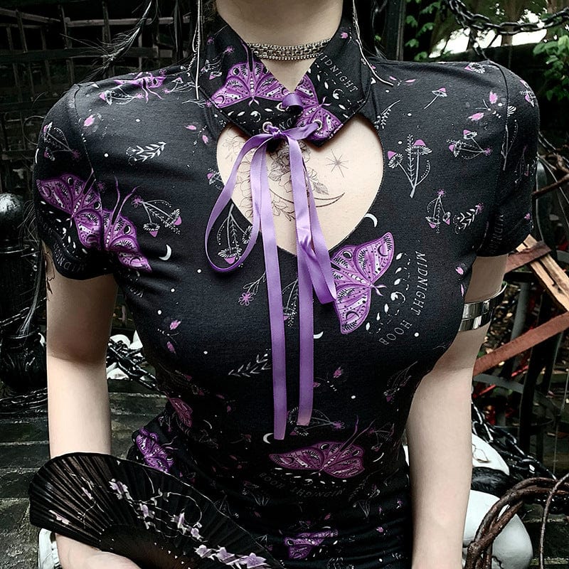 Kobine Women's Grunge Love Heart Hollow Butterfly Printed Wrap Dress