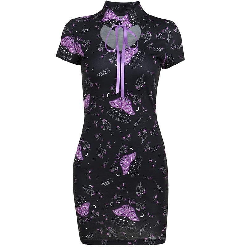 Kobine Women's Grunge Love Heart Hollow Butterfly Printed Wrap Dress