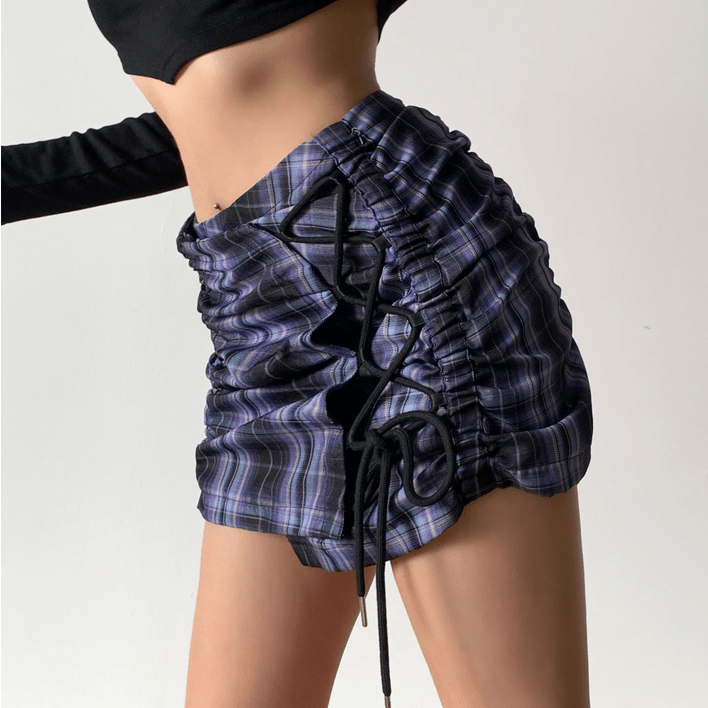 Kobine Women's Grunge Plaid Drawstring Short Skirt