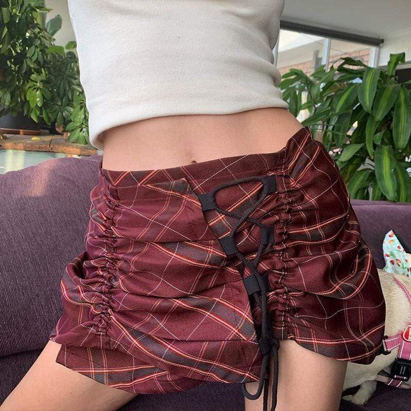 Kobine Women's Grunge Plaid Drawstring Short Skirt