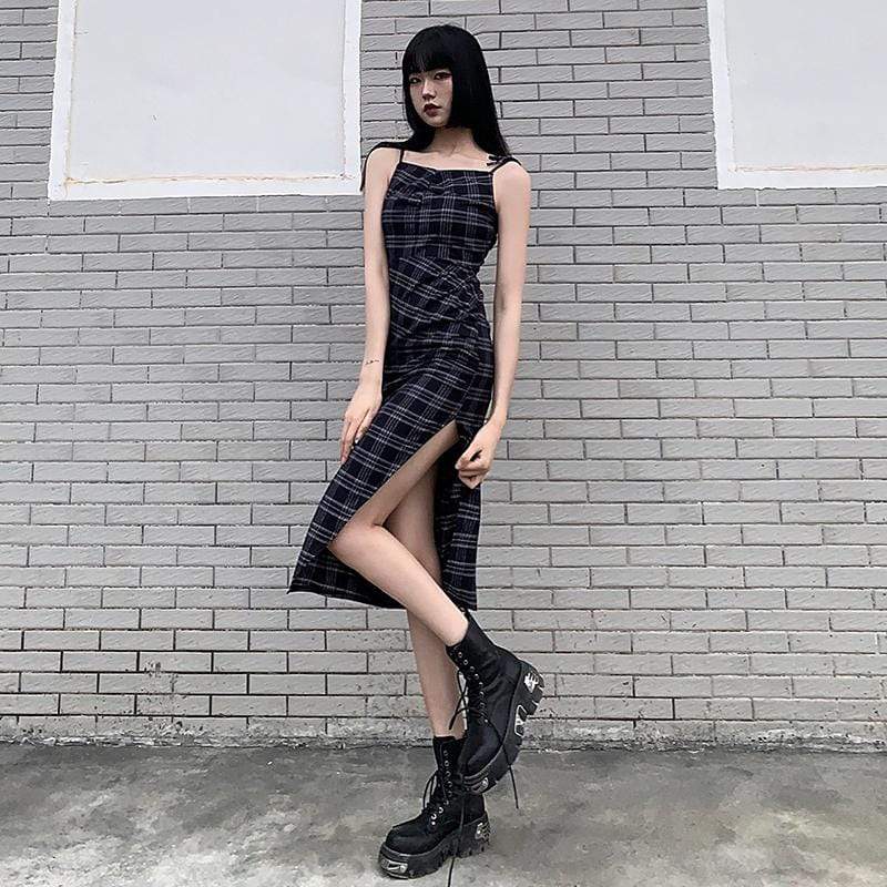 Women's Grunge Plaid Slip Dress with Side Slit