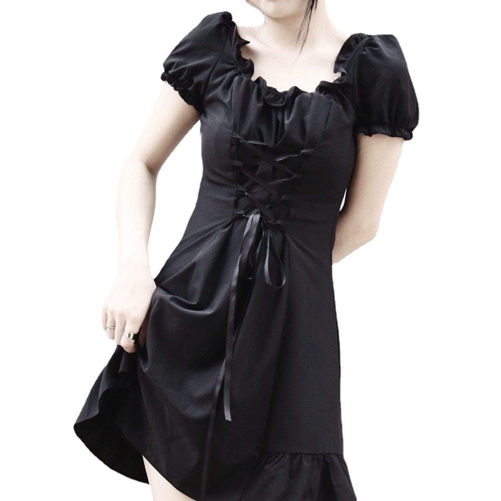 Kobine Women's Grunge Puff Sleeve Lace-up JK Black Dress