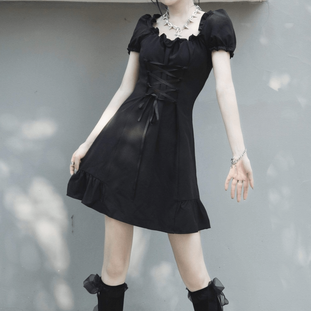 Kobine Women's Grunge Puff Sleeve Lace-up JK Black Dress