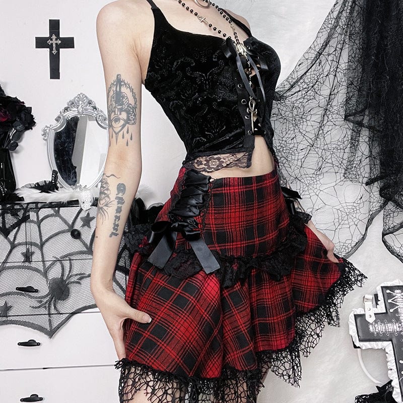 Kobine Women's Grunge Ruffled Lace Splice Plaid Skirt