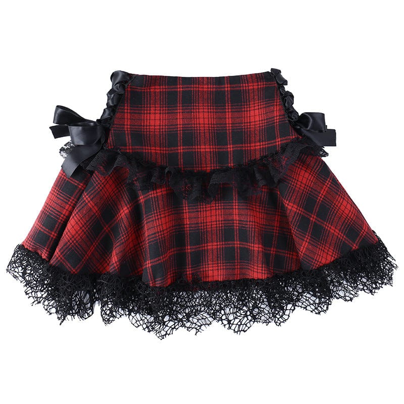 Women's Grunge Ruffled Lace Splice Plaid Skirt