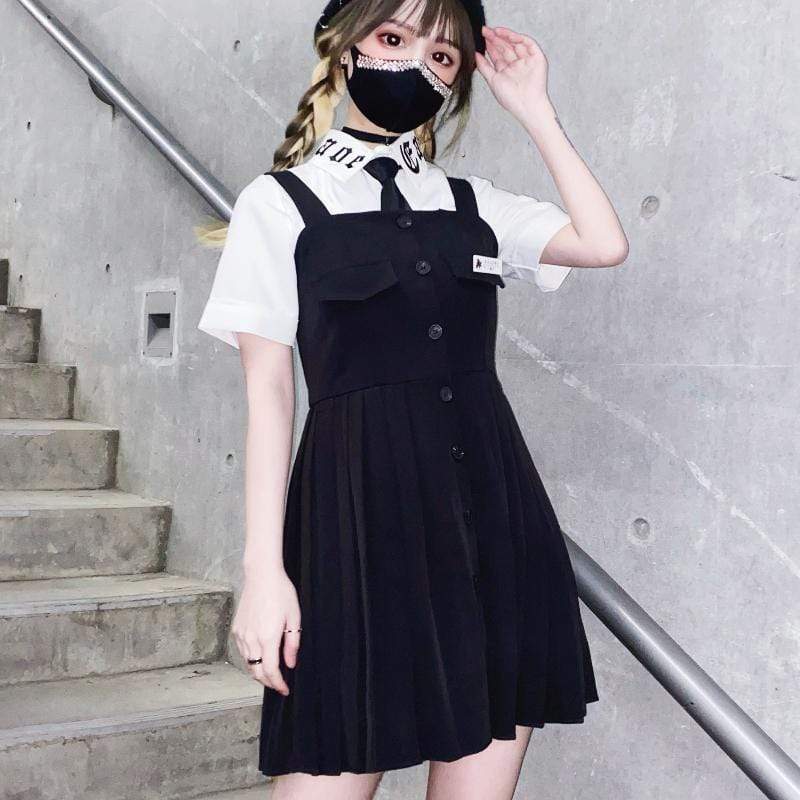 Women's Grunge Single-breasted JK Pleated Overalls Dresses