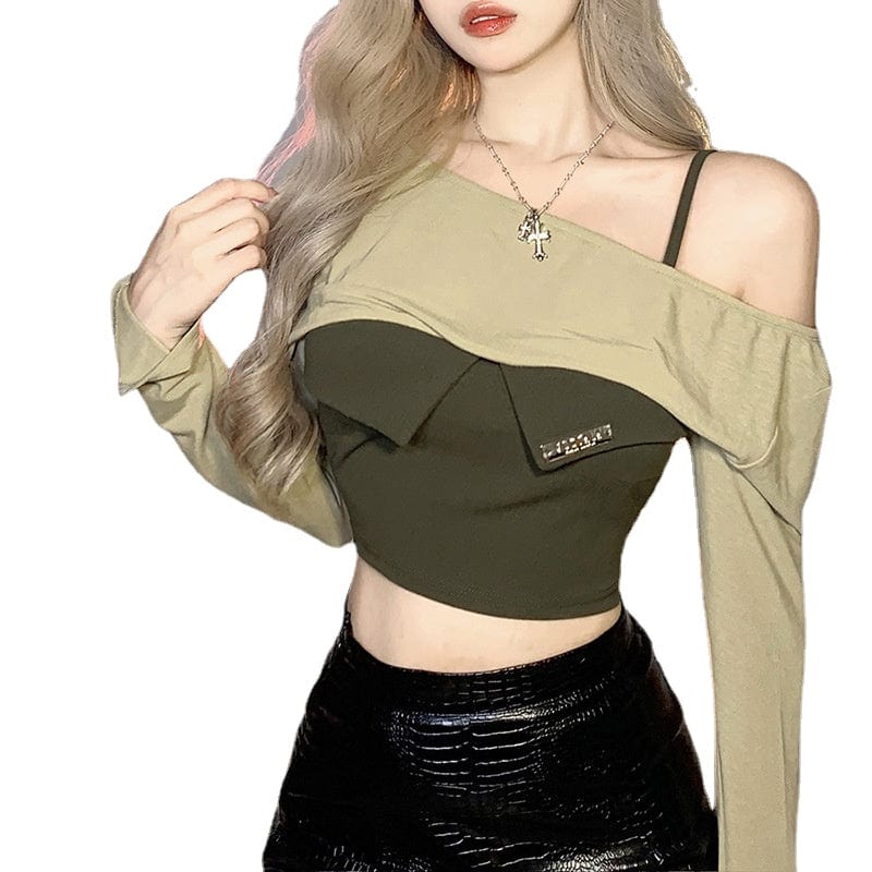 Kobine Women's Grunge Slash Shoulder Contrast Color Crop Top